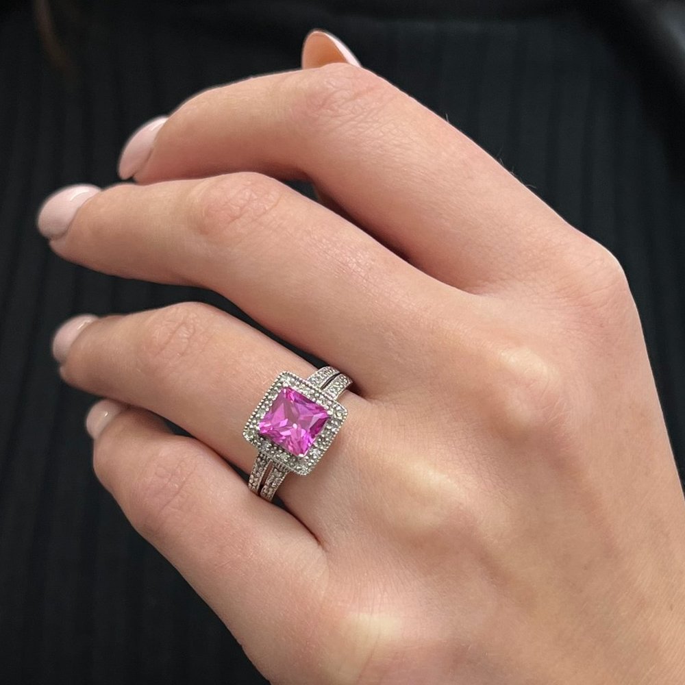 Vintage Clyde Duneier CID Pink Gemstone & Diamond Ladies Ring 10K White Gold